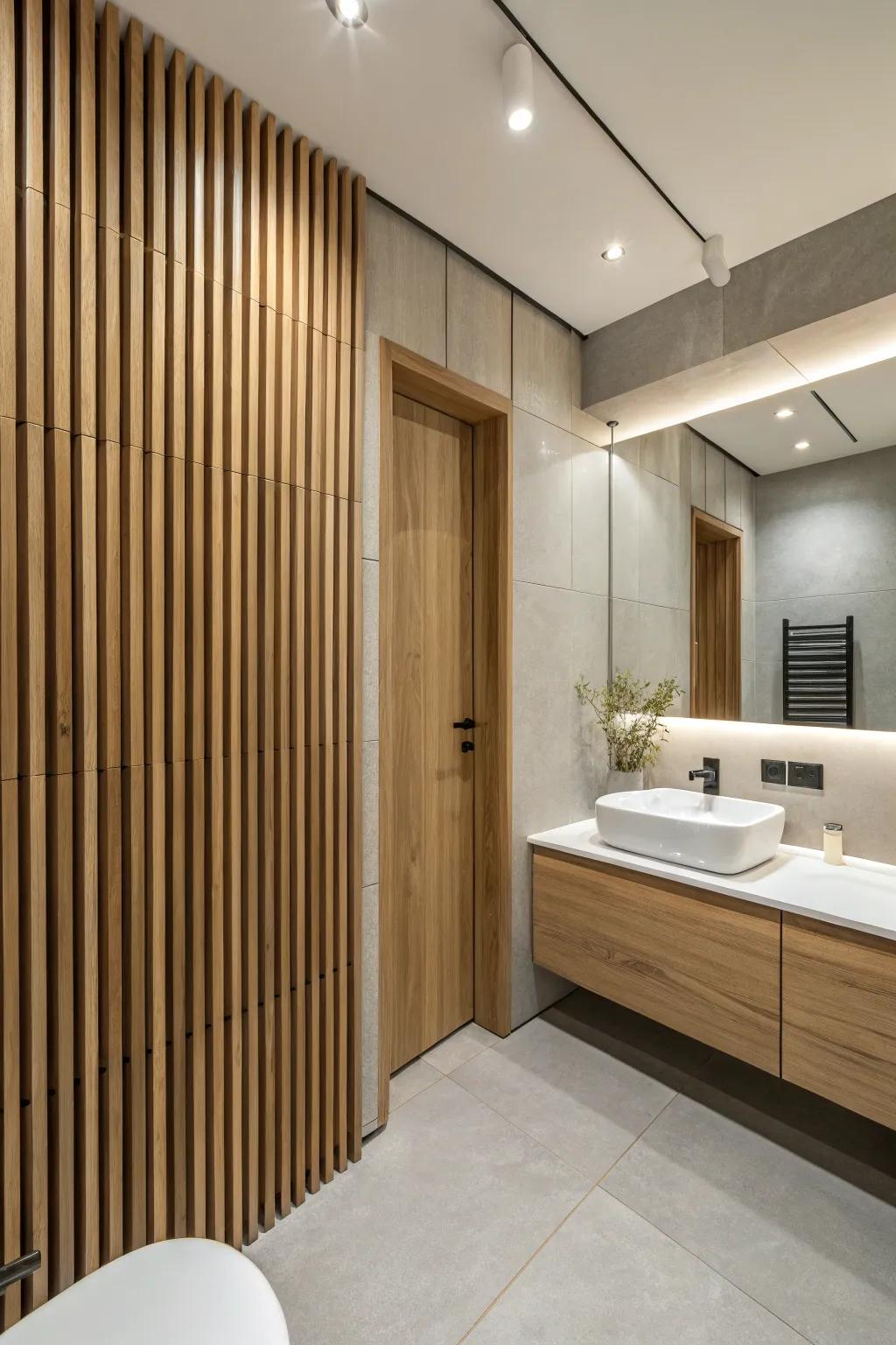 Modern elegance with soundproof slat wood panels in the bathroom.