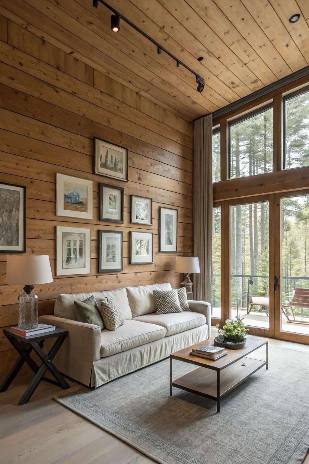 A lounge displaying timber cladding and wall art.