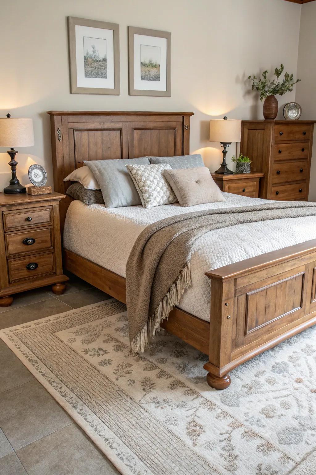Harmonizing decor enhances this wooden bed setup.