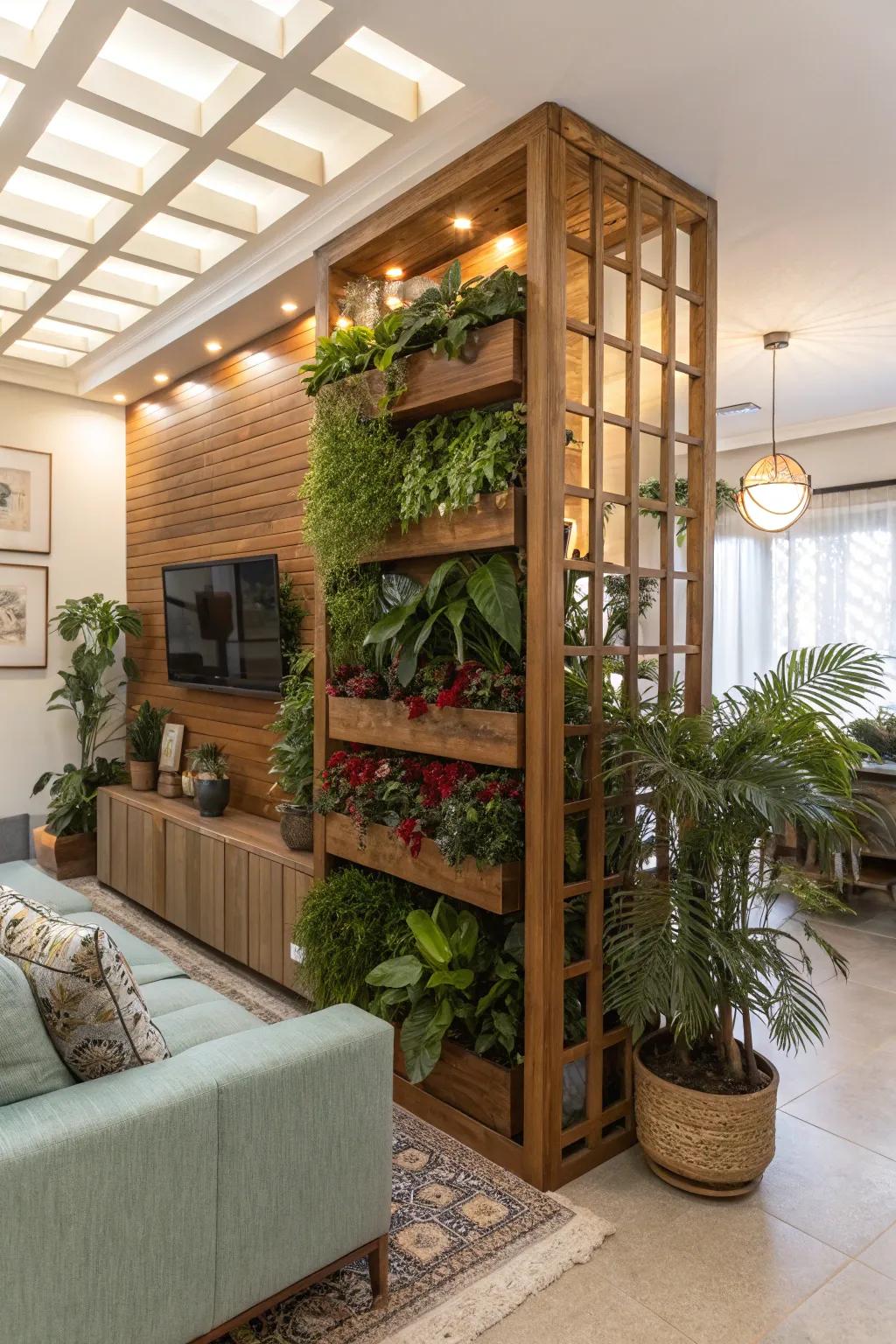 Planters integrated into wood screens amplify the earthy vibe of this lounge.