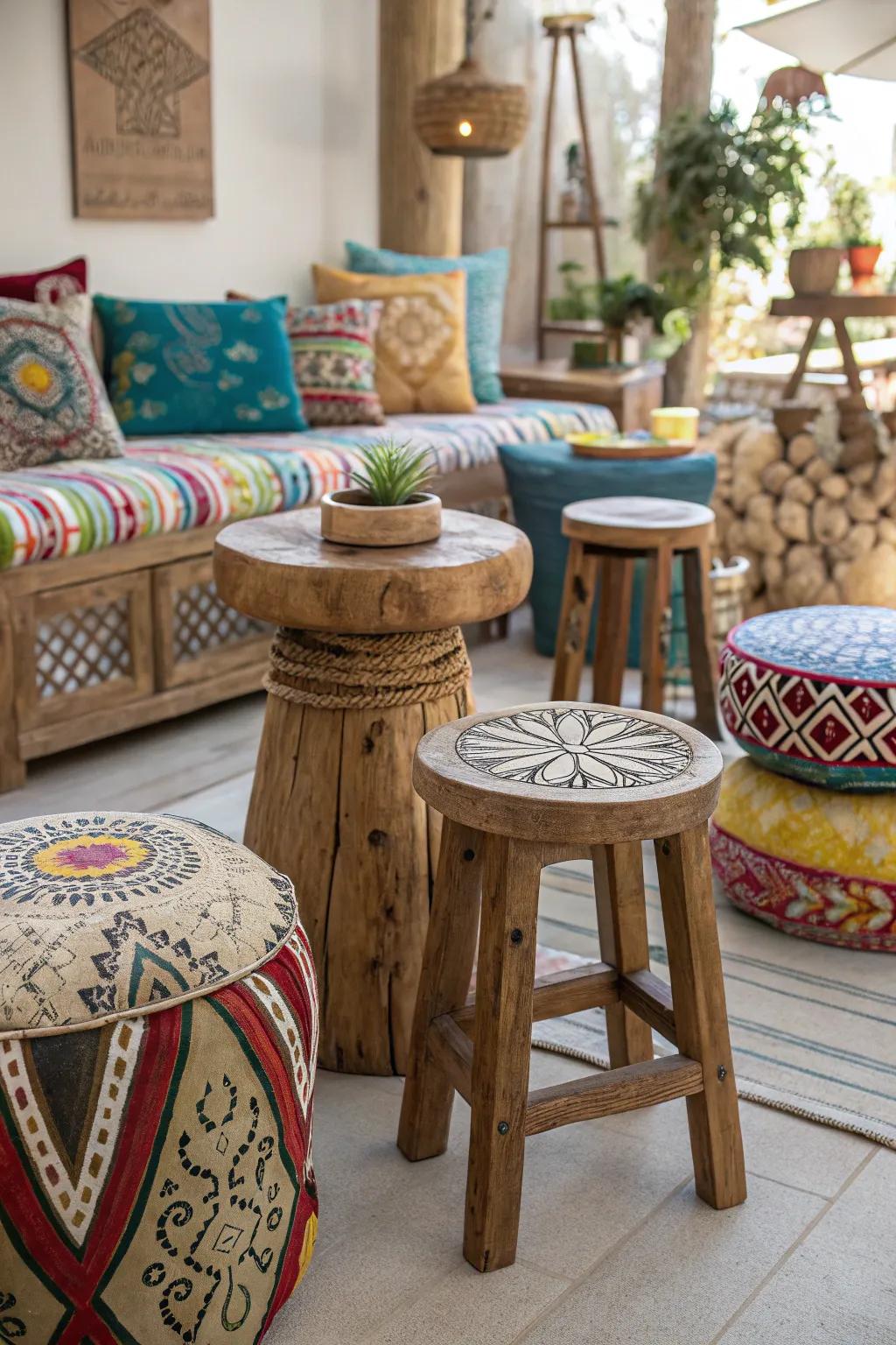 A motley collection of wooden stools adds character and charm to your space.