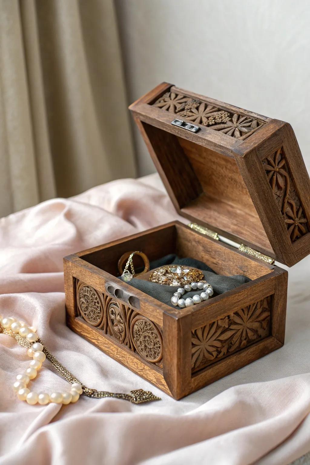 A wooden jewelry box that beautifully holds precious keepsakes.