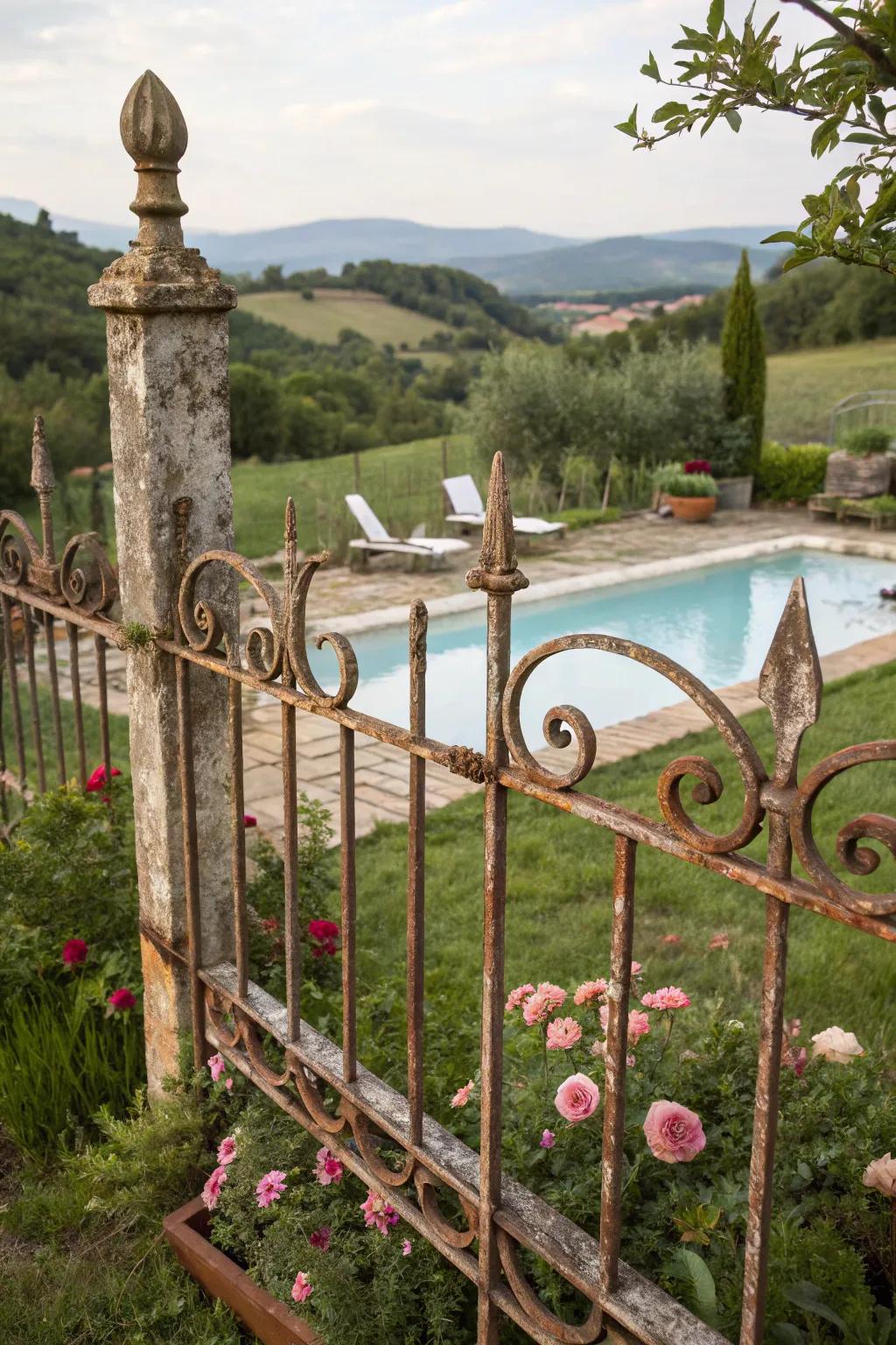 A rustic forged metal fence adds a cozy touch to this countryside pool.