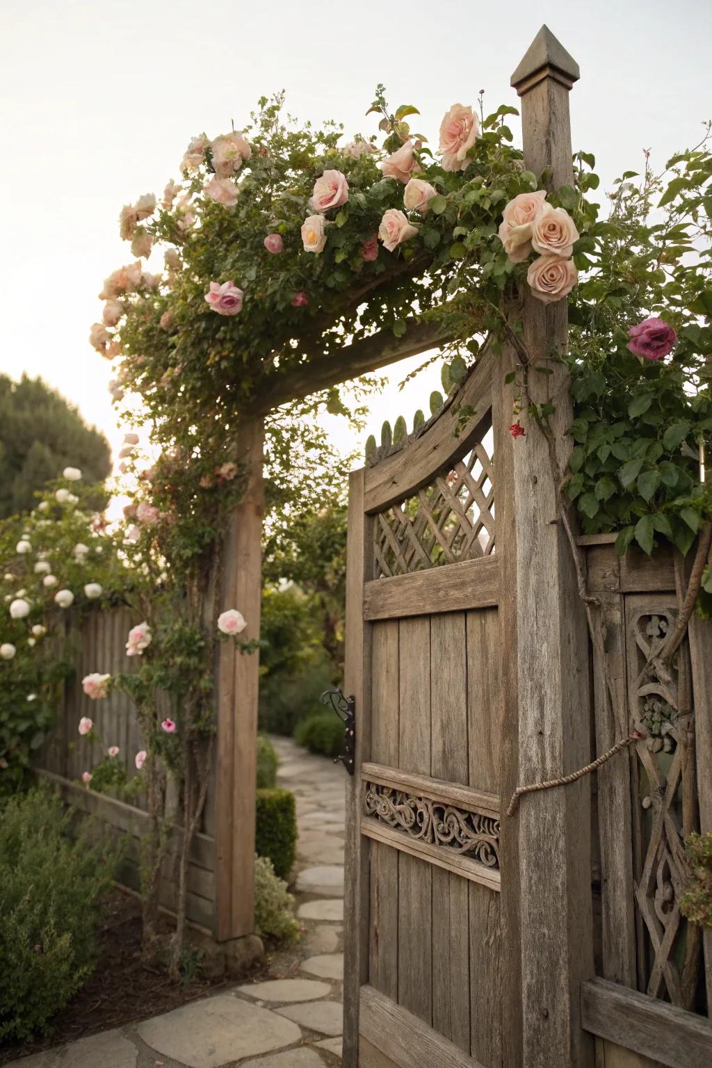 An artistic timber entrance beckons you into this enchanting garden.