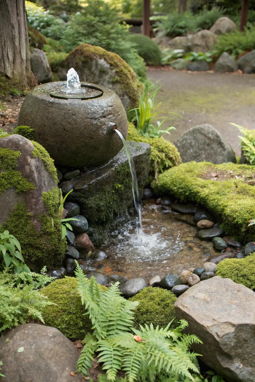 A bubbling boulder fountain enlivening a rock garden with sound and movement.