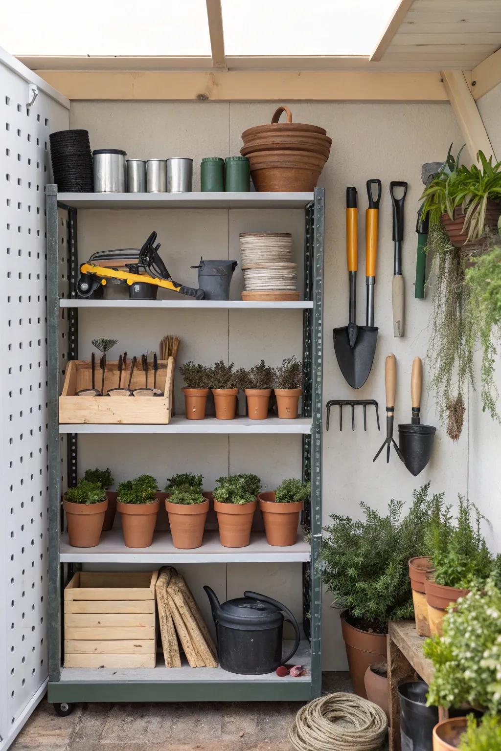 Shelf assemblies provide order for small garden necessities.