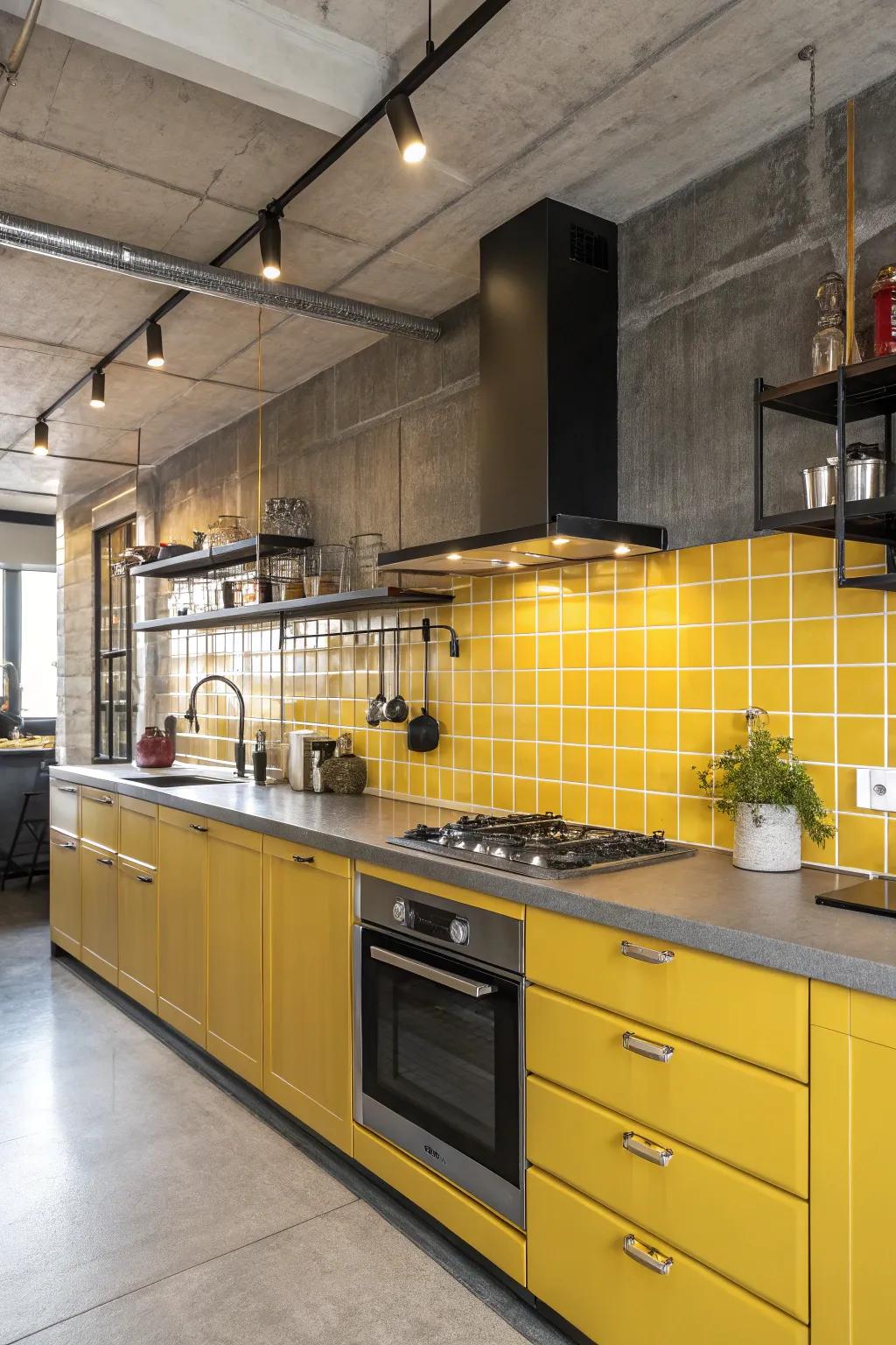 Metallic fixtures render a sleek contrast to the goldenrod backsplash.