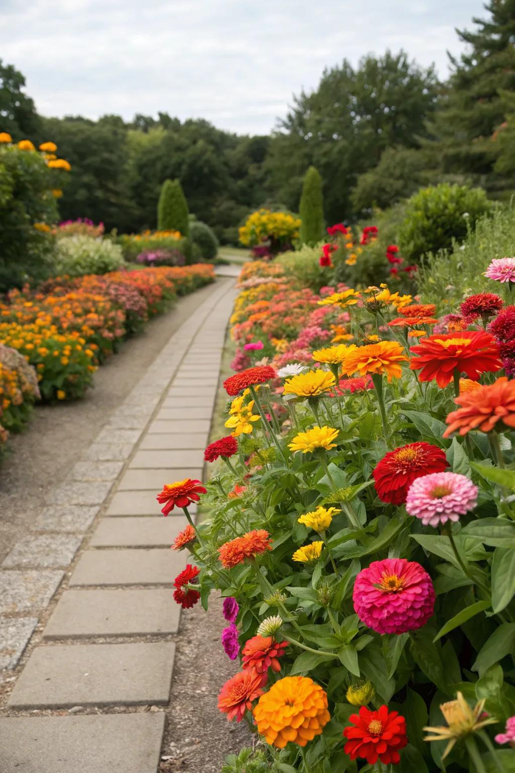 An inviting garden path bordered by vibrant zinnia outlines.