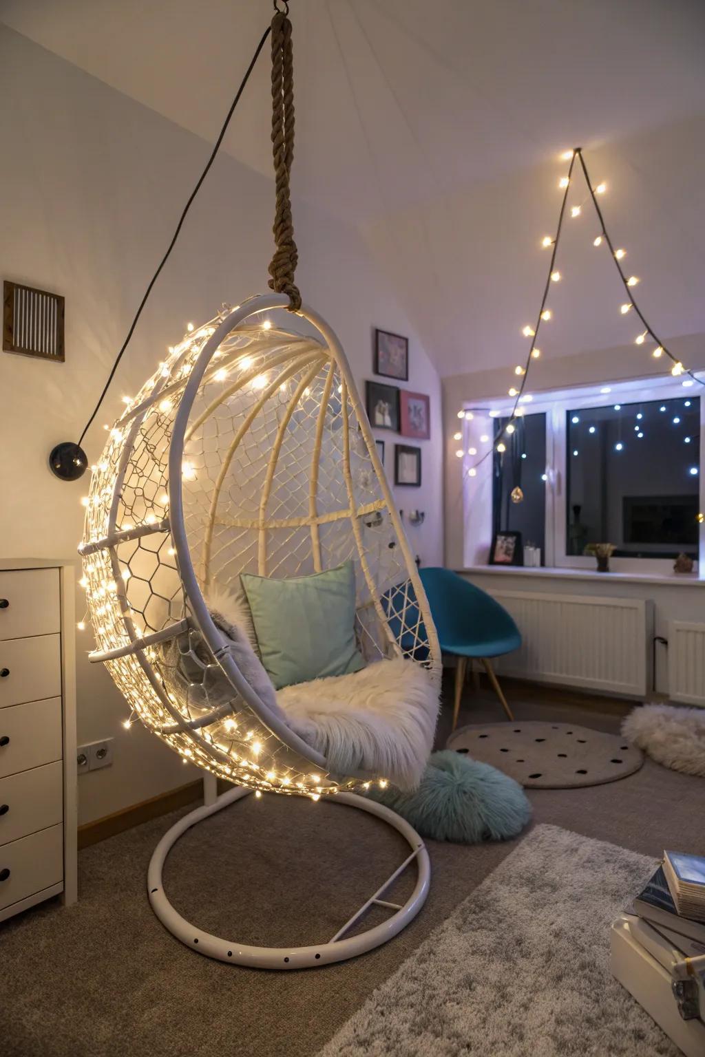 A swinging chair with LED details offers a chic seating choice.