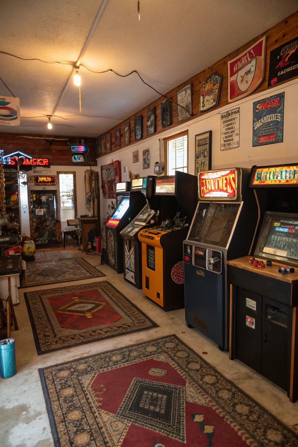 Take a step back in time in a garage transformed into a classic arcade, celebrating the golden era of gaming.
