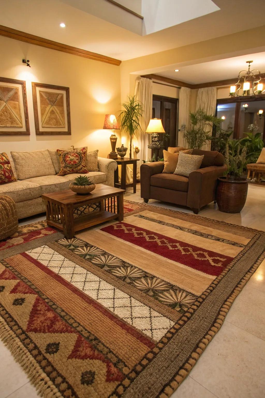 Area rugs create distinctive zones and add dimension.