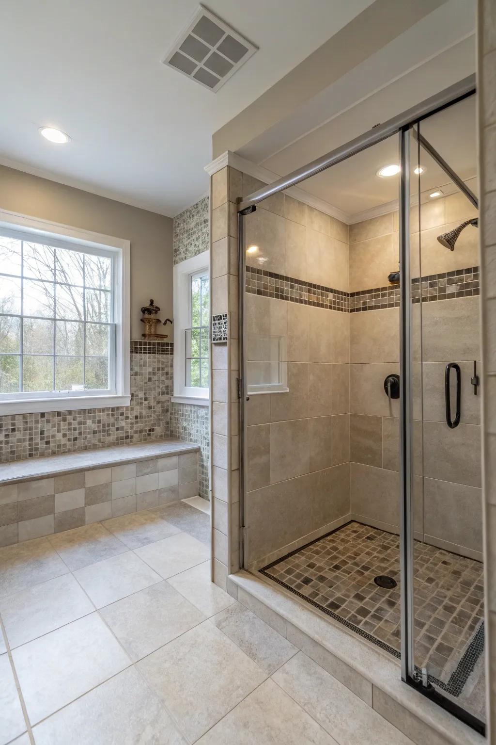 Open-entry showers are accessible and showcase a smooth layout.