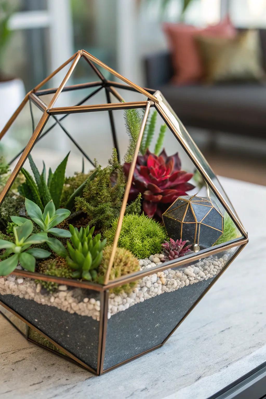 A polished, modern terrarium with modern design parts.