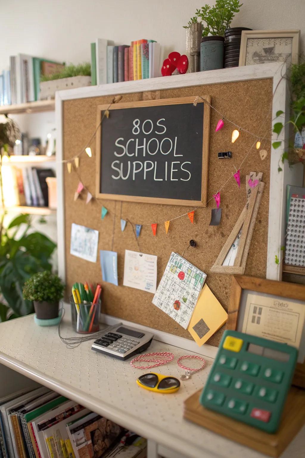 Back-to-school theme showcasing 80s school provisions on a pinboard.