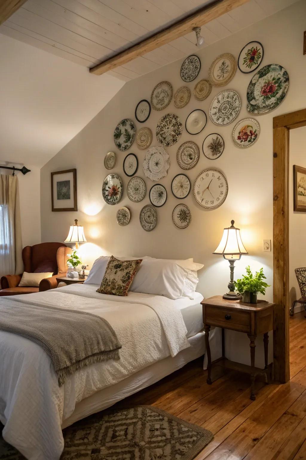 Retro dishes offer a charming and unique above-bed display.