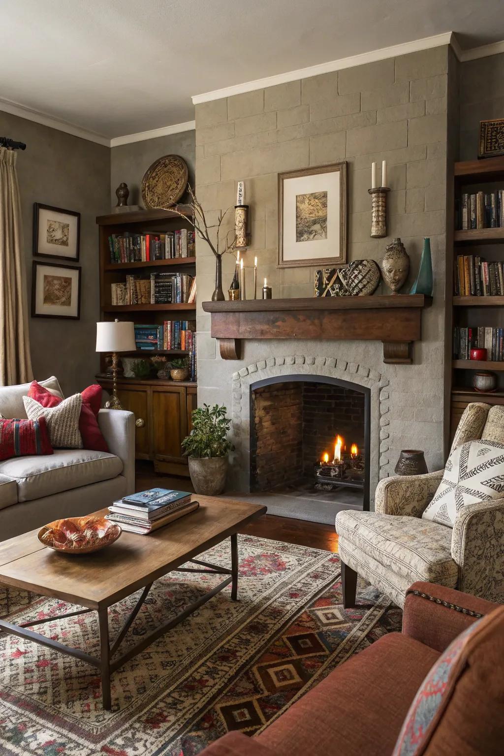An unconventional blend of decor brings personality and charm above the fireplace.