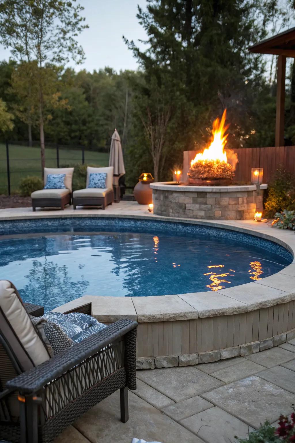 A fire feature introduces warmth and a meeting spot to your pool zone.