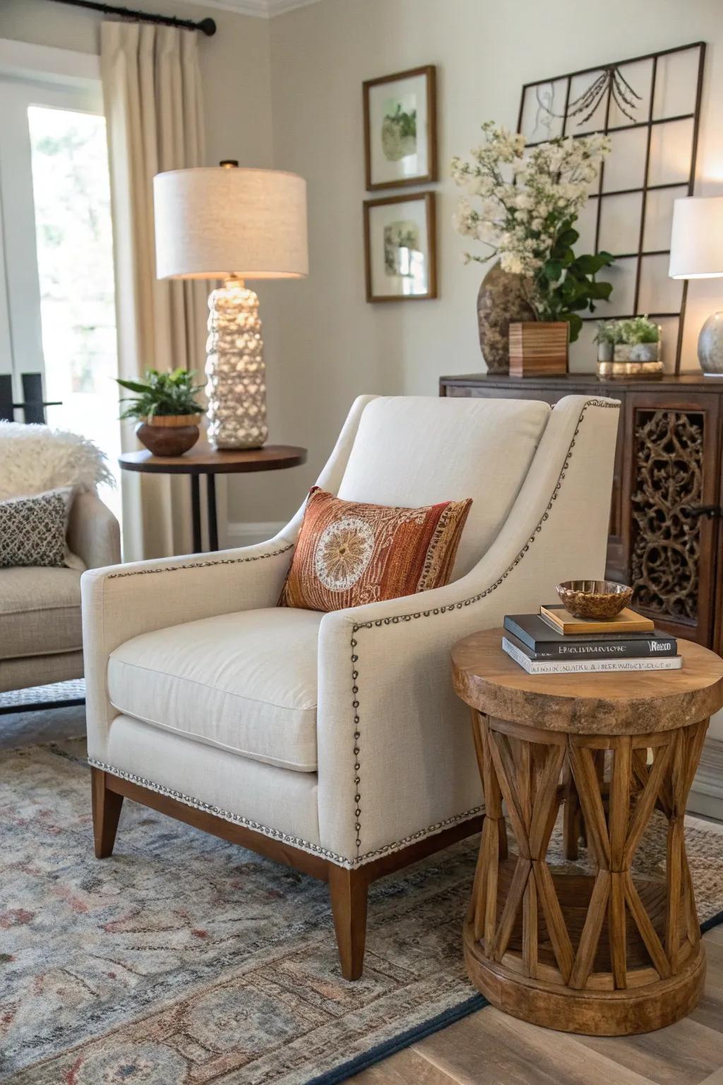 A modern chair paired with country decor makes an appealing charm.