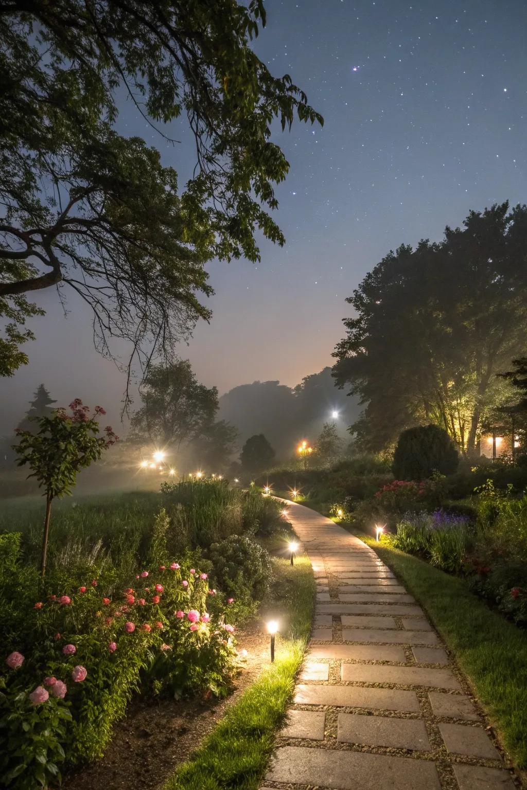 Ground lights magically illuminate paths.