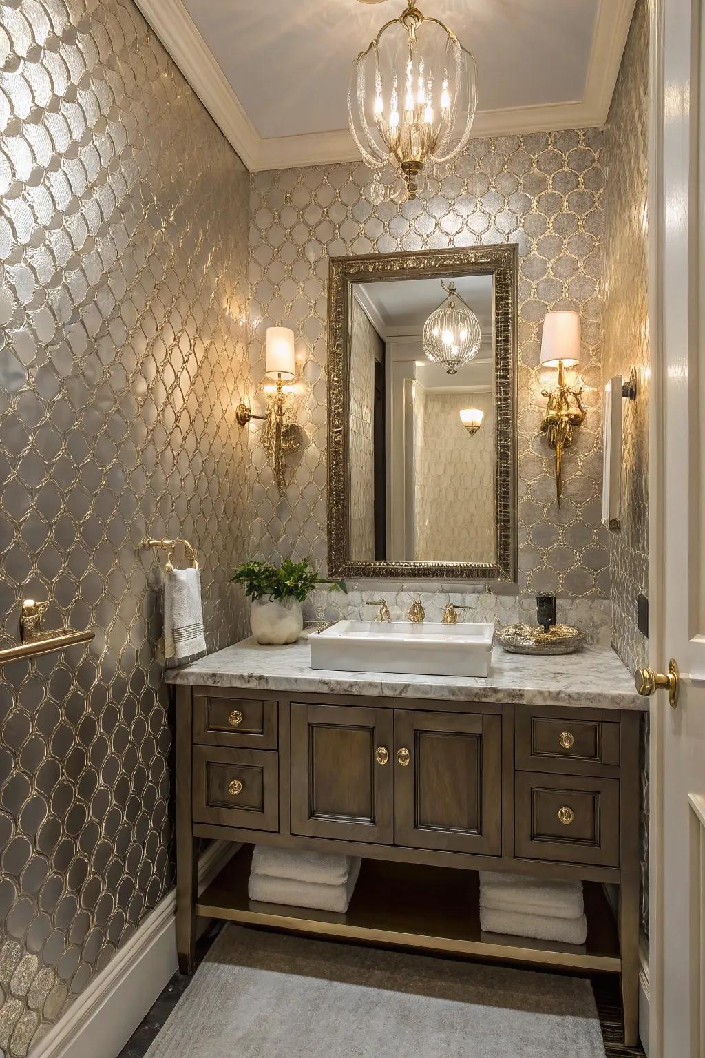 Luxurious wallpaper adds elegance to a small powder room.