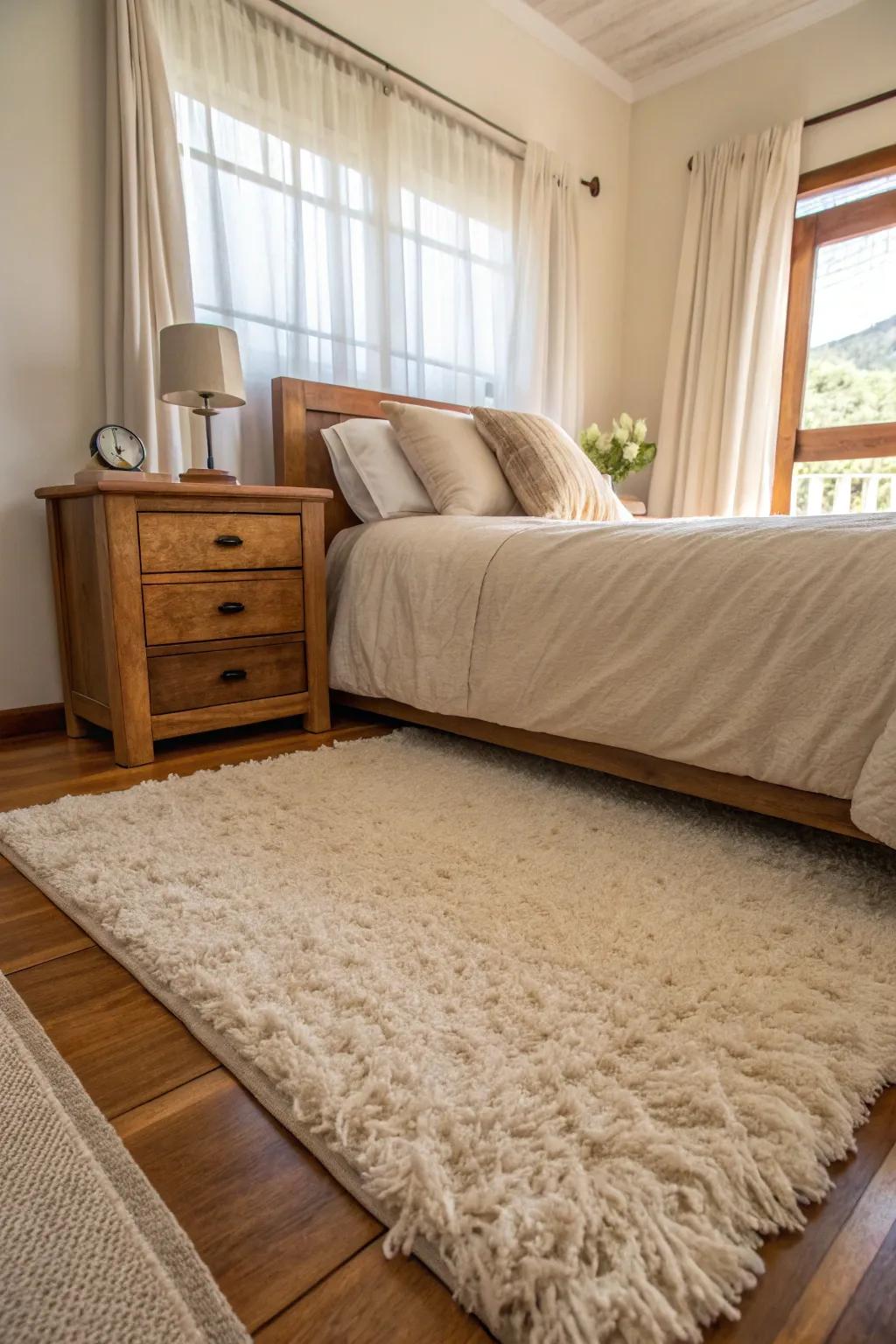 Gentle floor coverings usher warmth and texture.