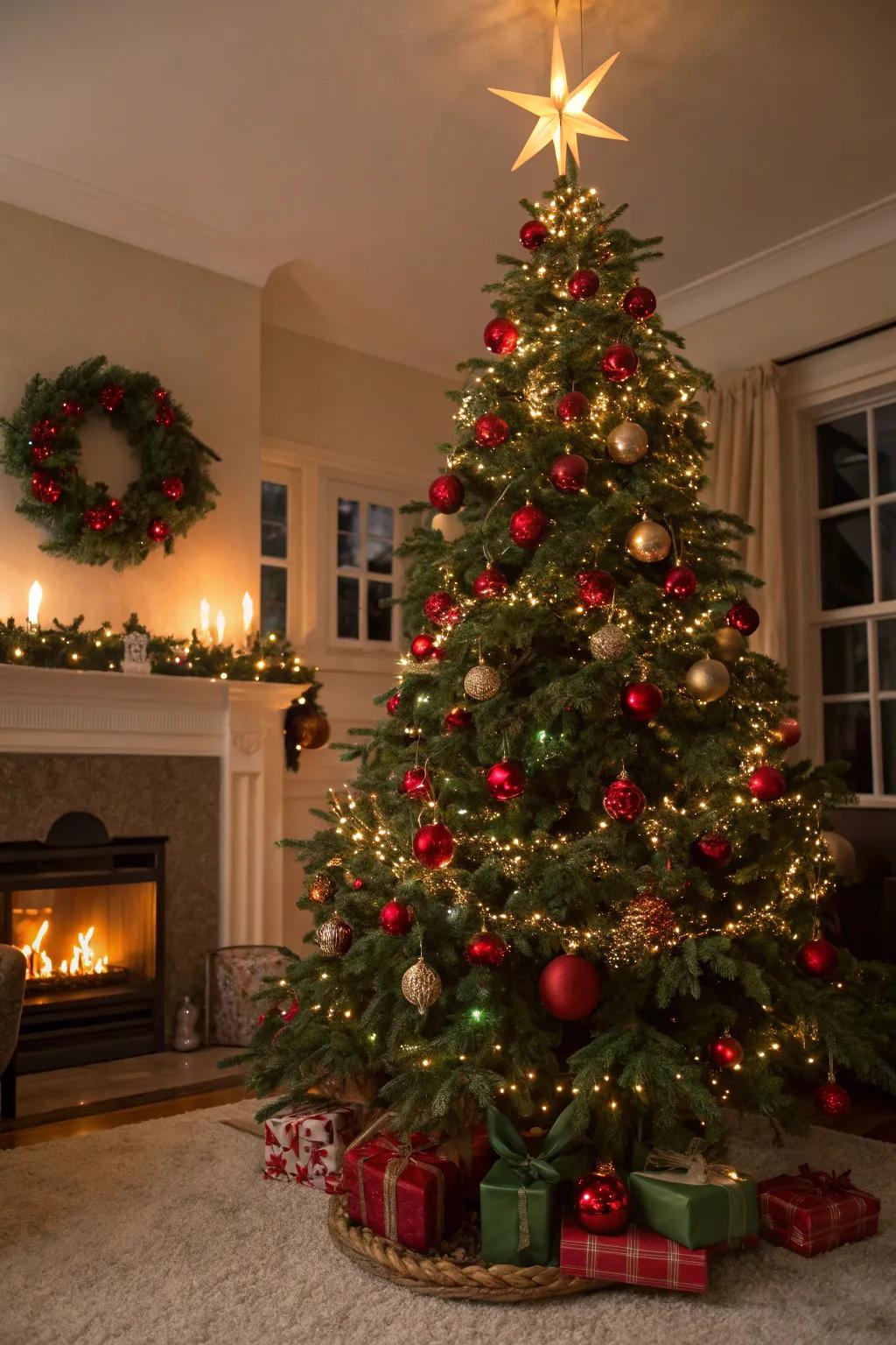 A traditional Christmas tree displaying the classic red and green theme.