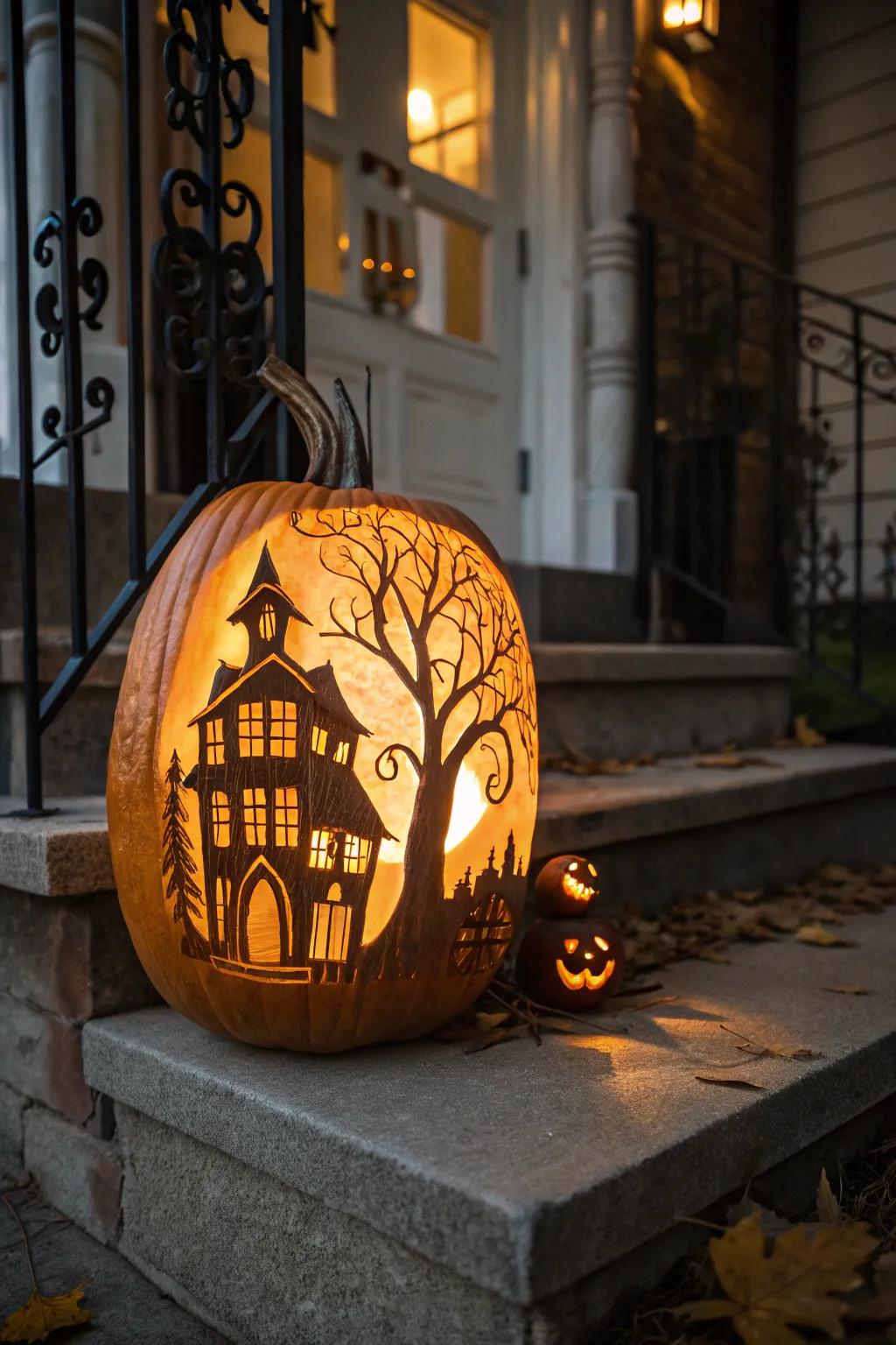 Fashion a ghostly greeting using a haunted dwelling decorative gourd.