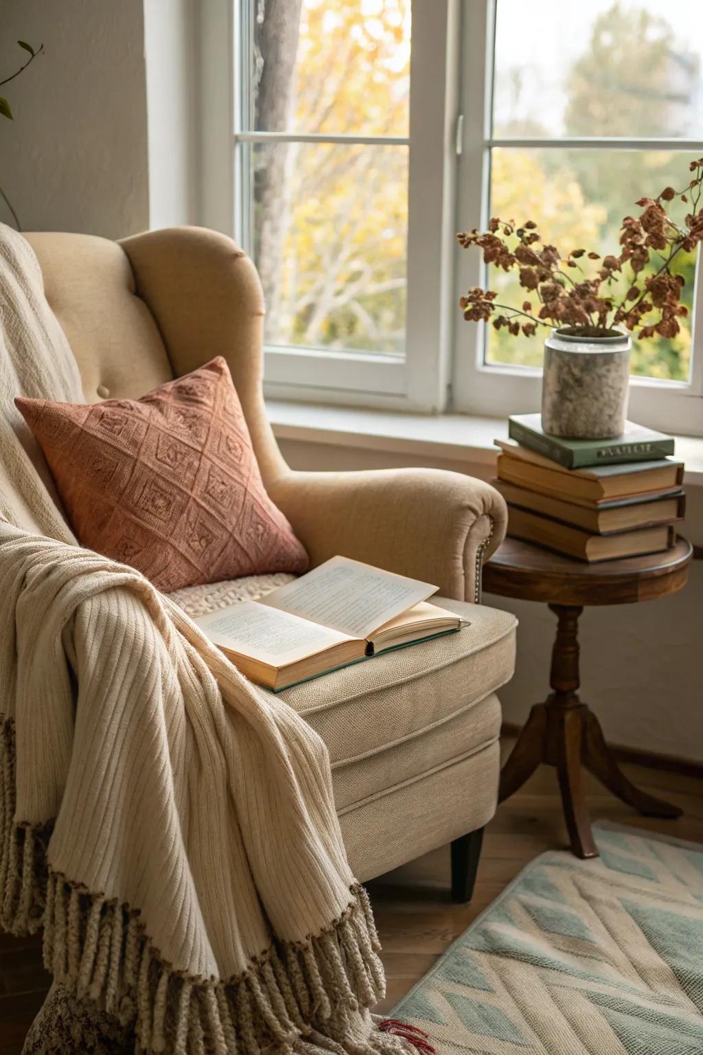 An appealing reading nook providing winter relaxation
