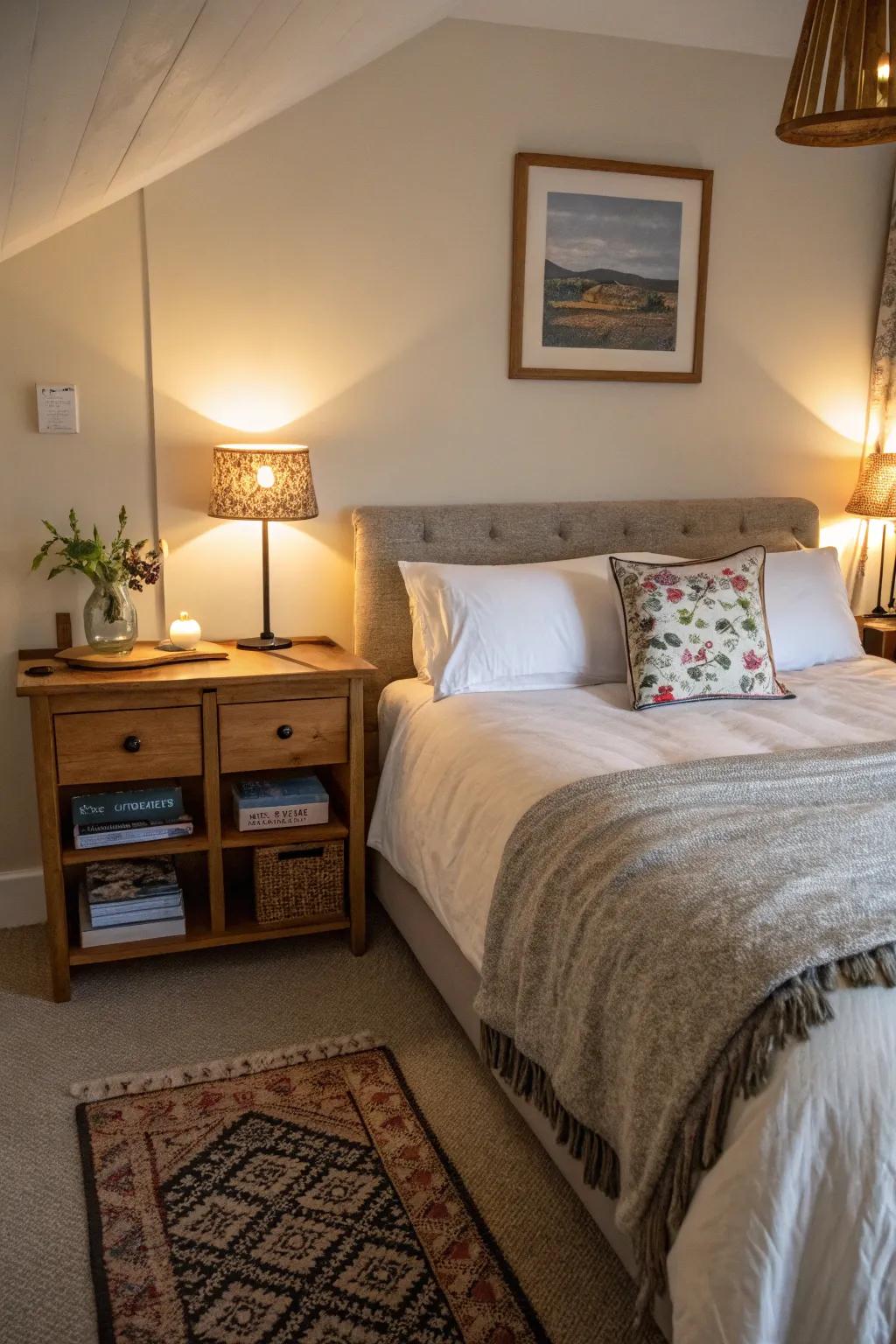 Functional elements improve convenience and comfort in an Airbnb bedroom.