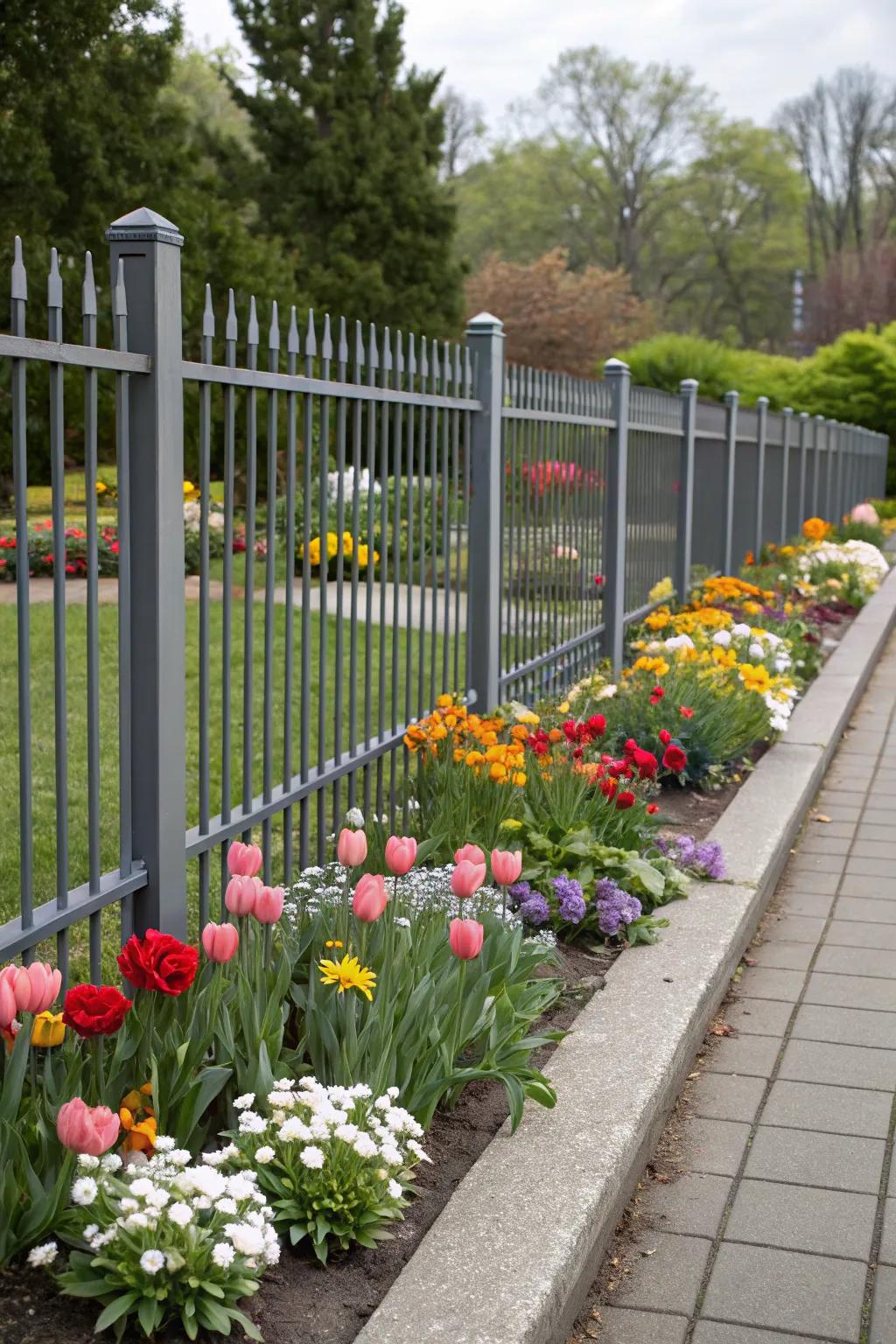 Floral beds infuse vibrant hue to an aluminum fence.