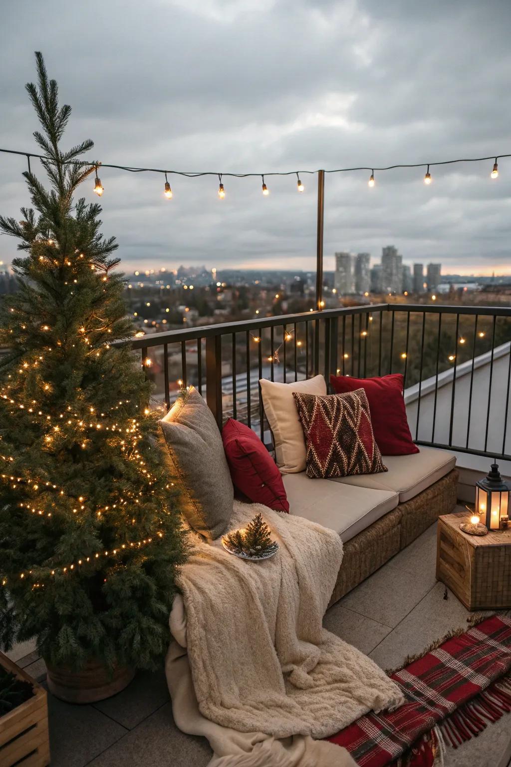 A snug seating area invites one to take in the holiday ambiance.