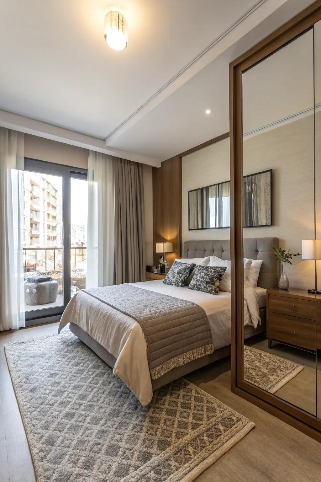 A thoughtfully positioned mirror in an apartment bedroom reflects sunlight.