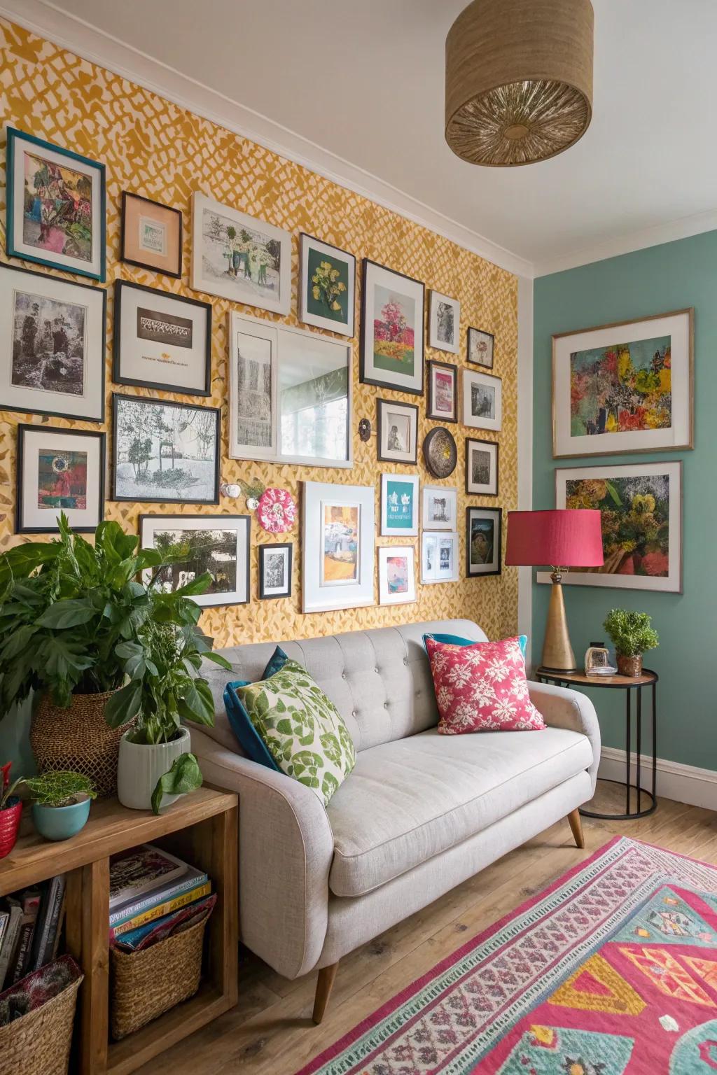 A display wall enriches a small living space with character and color.