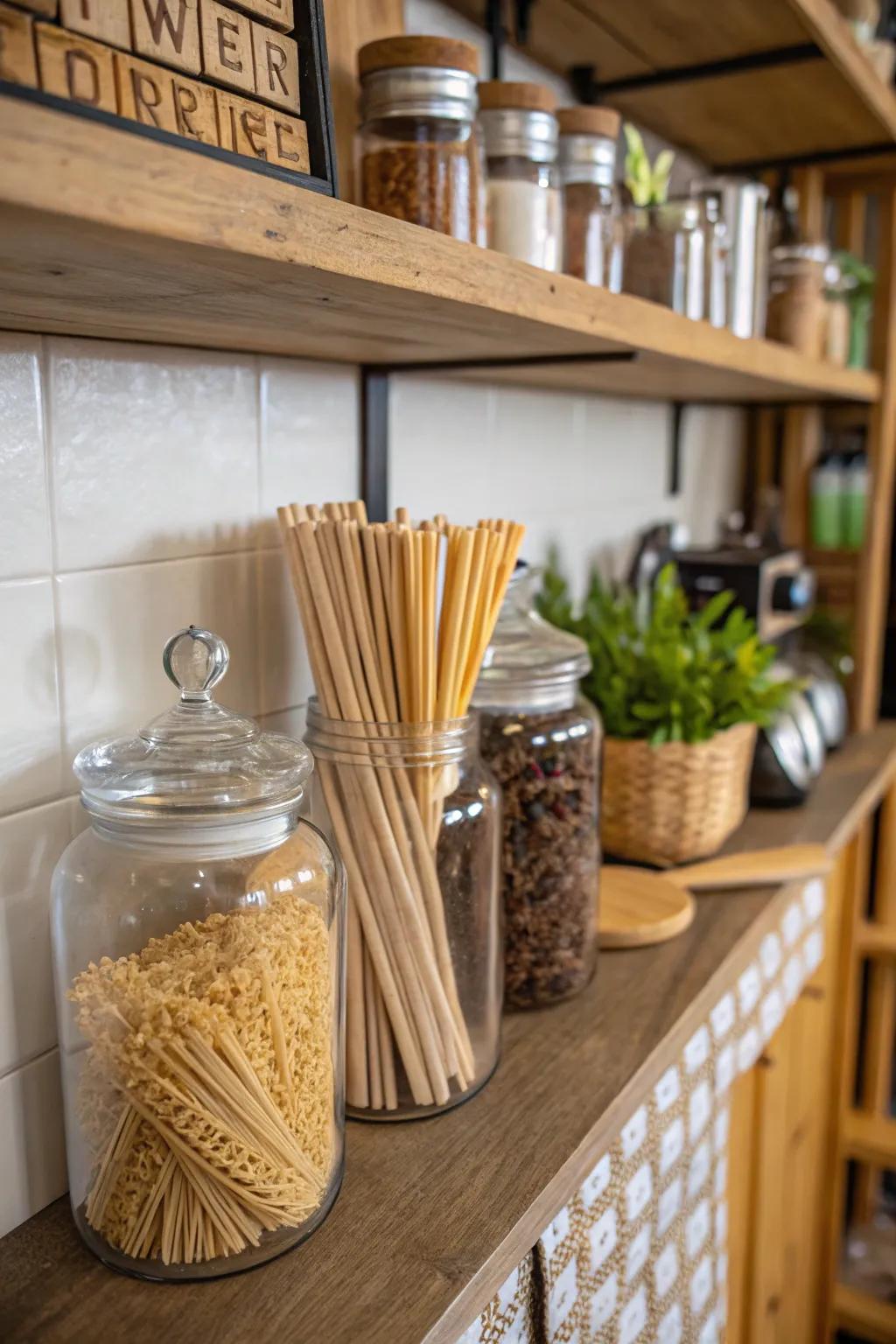 Eco-friendly decor in vintage-inspired glass jars encourages sustainable living.