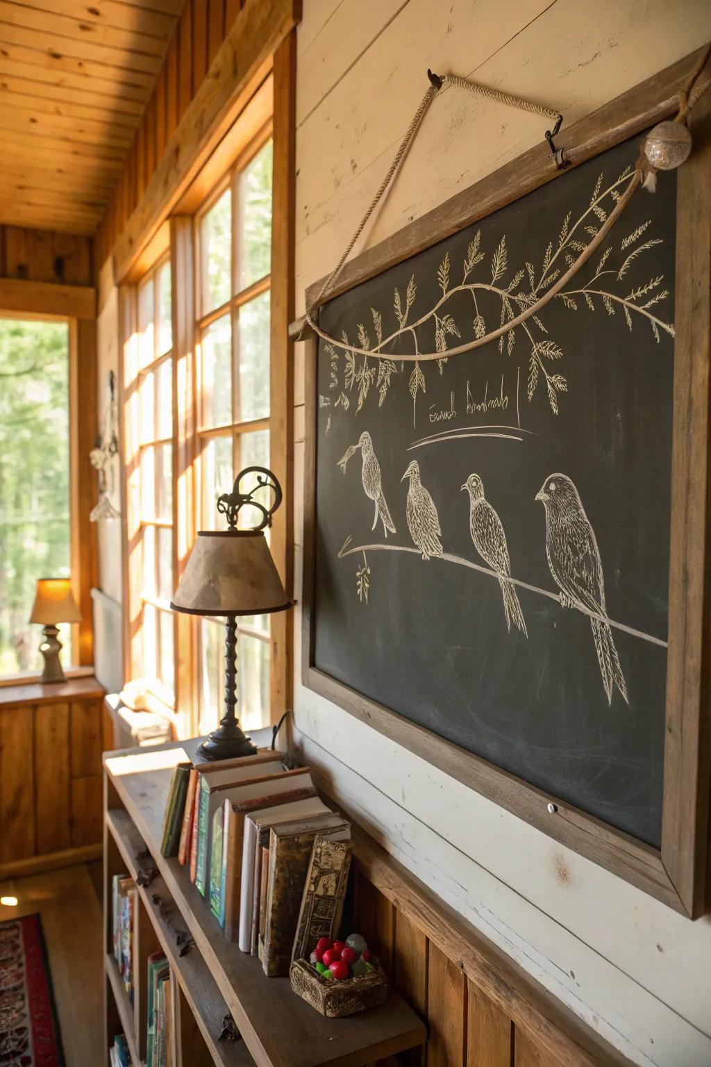 Chalkboard birds bring spring melodies indoors.