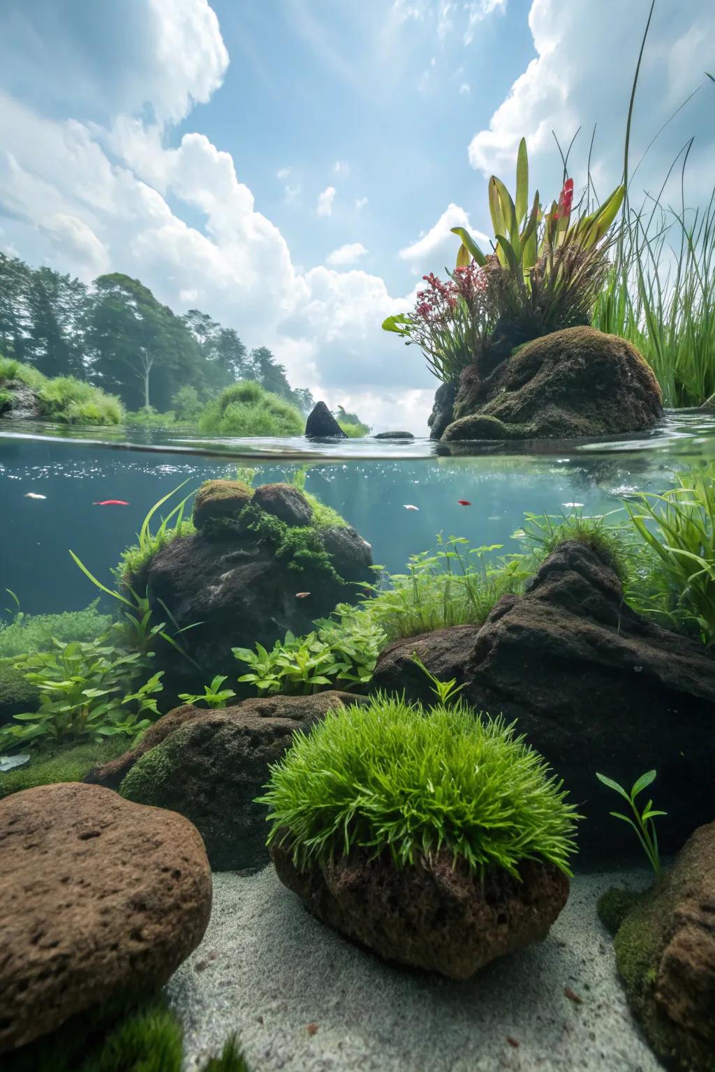 Add a whimsical element through suspended landmasses.