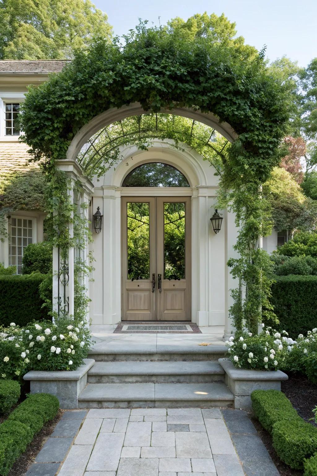 Symmetrical arbors provide a structured and harmonious doorway.