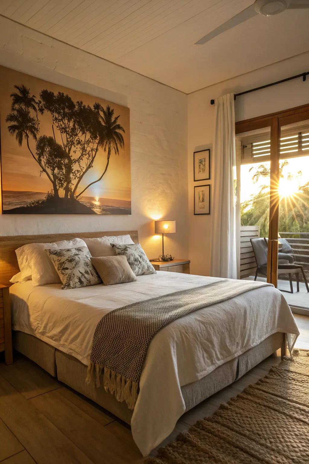 A sunrise outline painting introduces warmth and a peaceful ambiance to this bedroom.