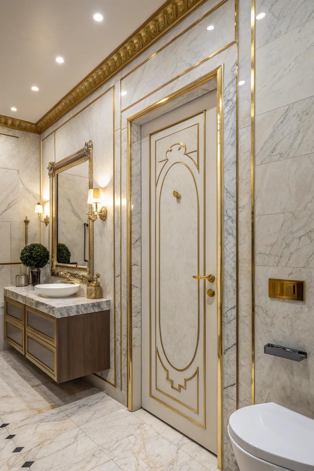 A door with metallic accents that creates a luxurious vibe within the space.