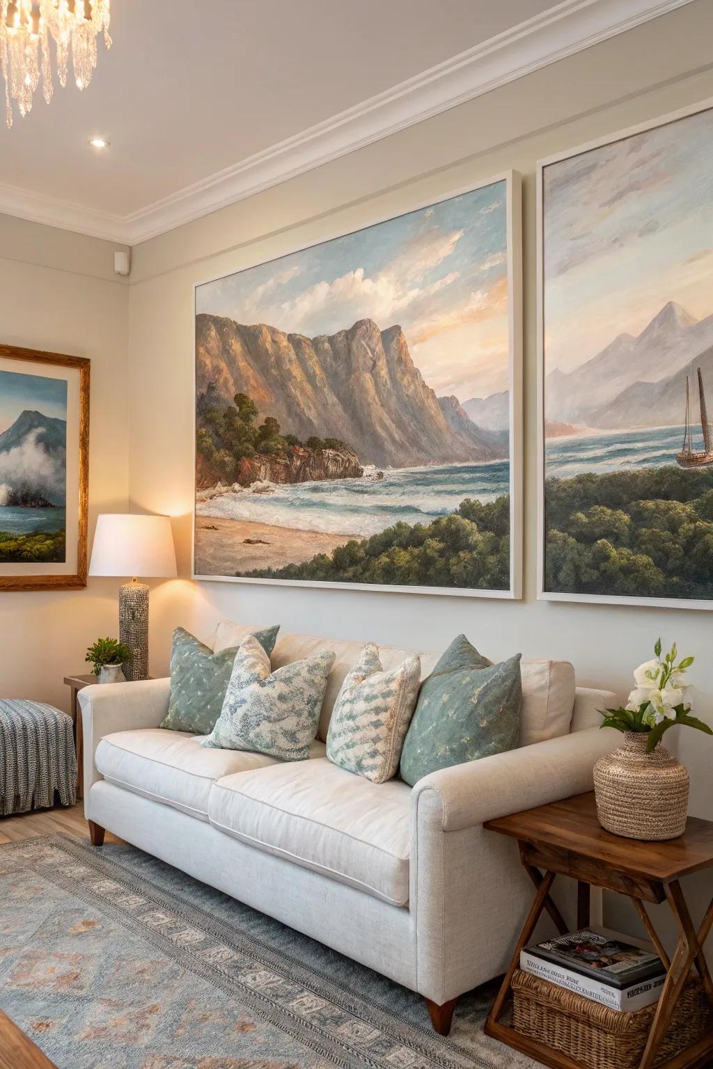 Landscape artwork creates a peaceful escape in the living room.