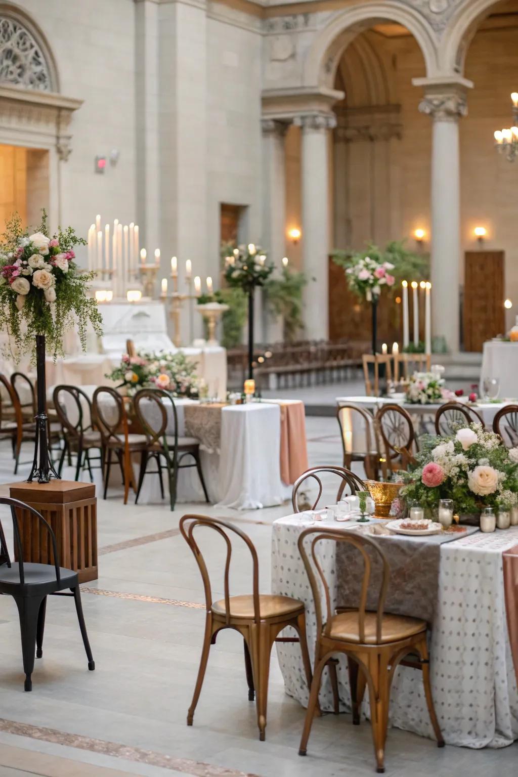 Combining furniture styles produces an intimate and eclectic wedding setting.