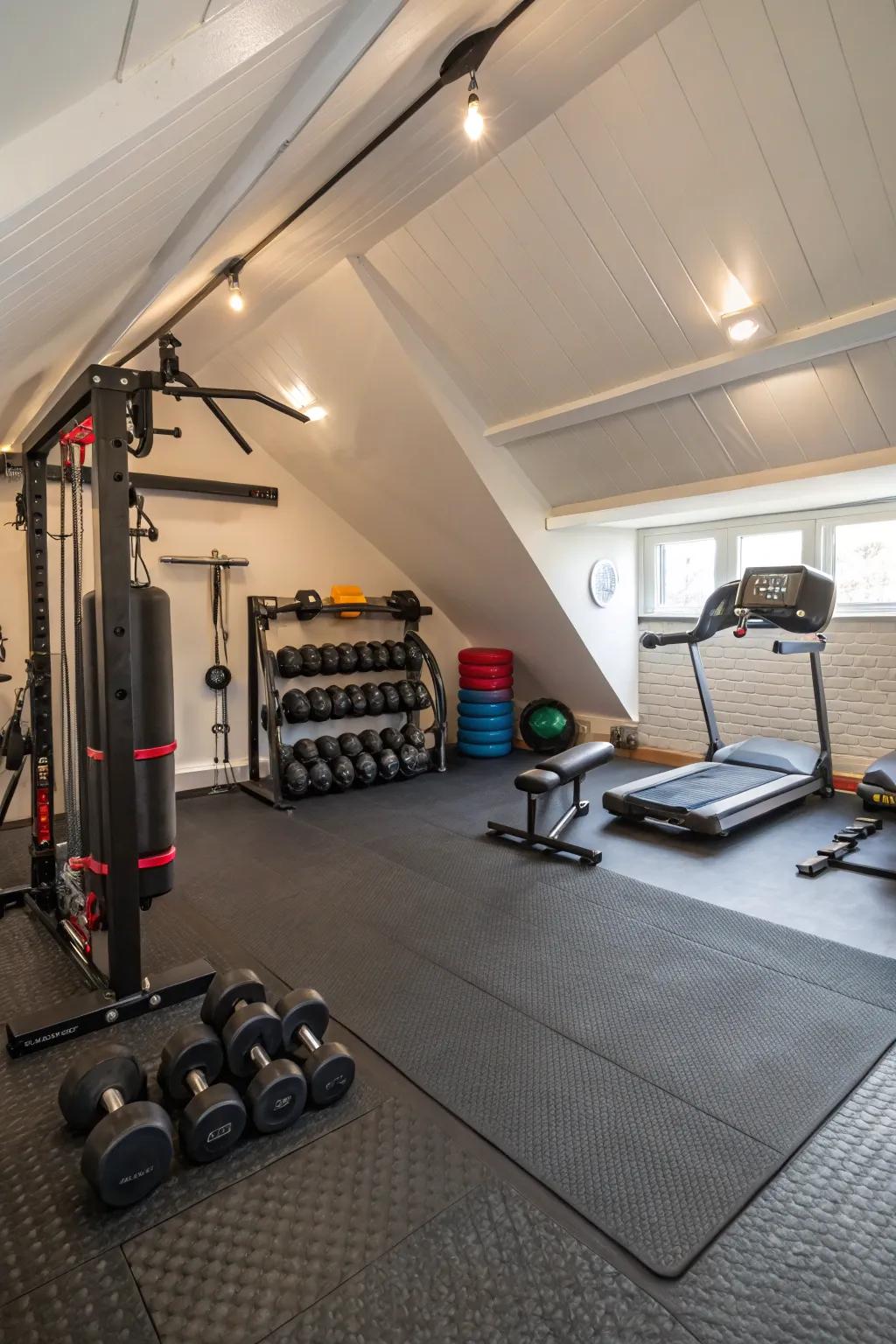 Durable flooring ensures well-being and steadiness during workouts.