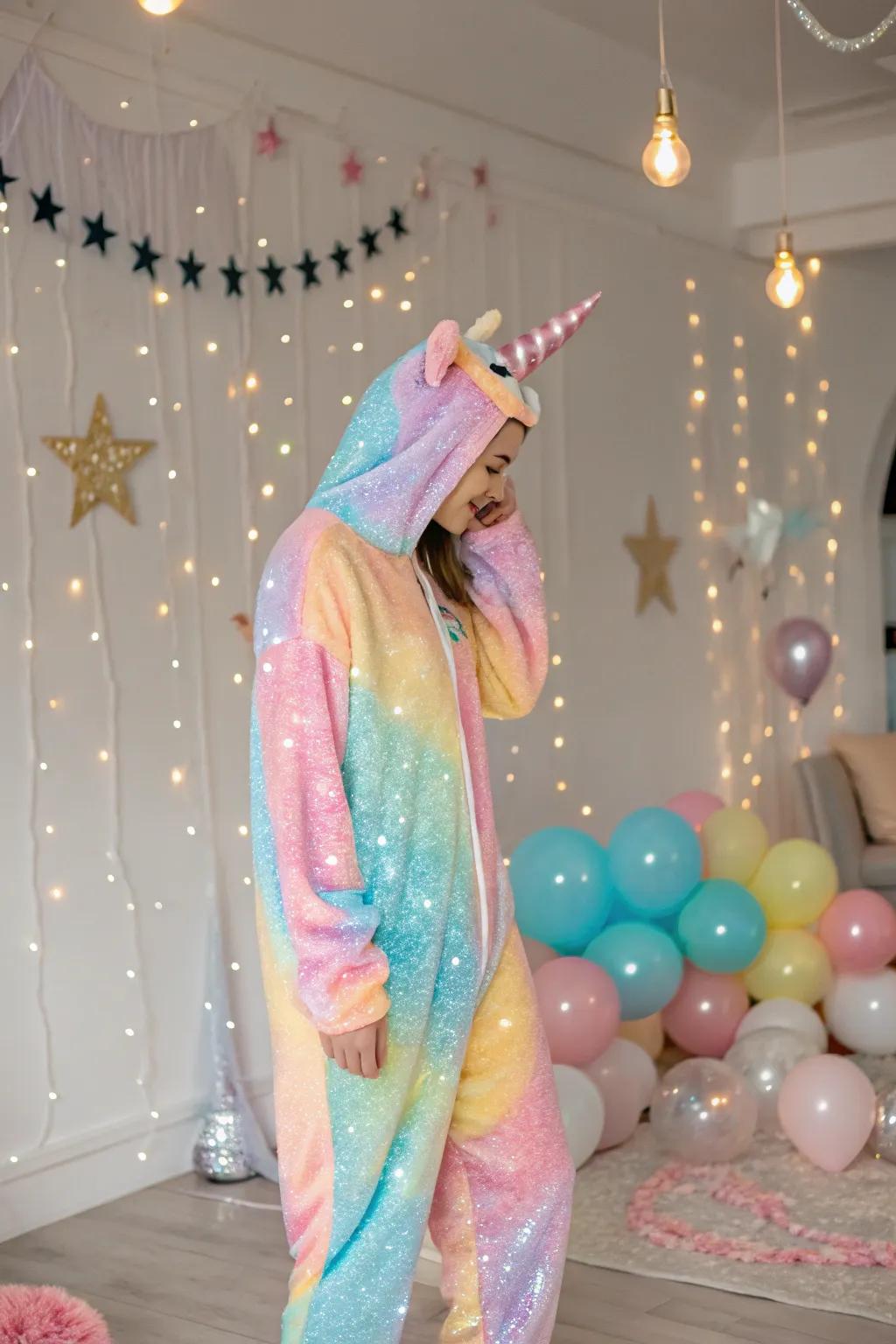Bring a splash of color with a rainbow unicorn attire.