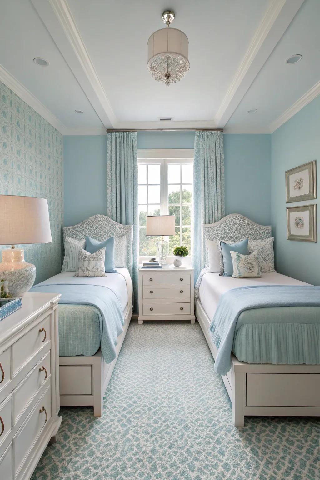Symmetry and balance create a harmonious light sky blue bedroom.
