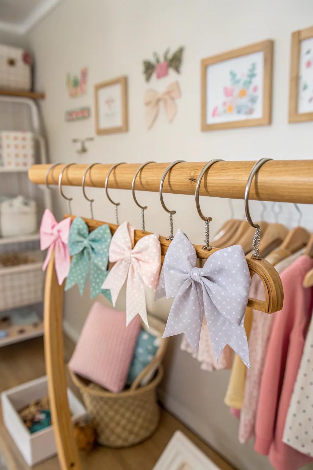 A rustic wood rod system for arranging baby bows.
