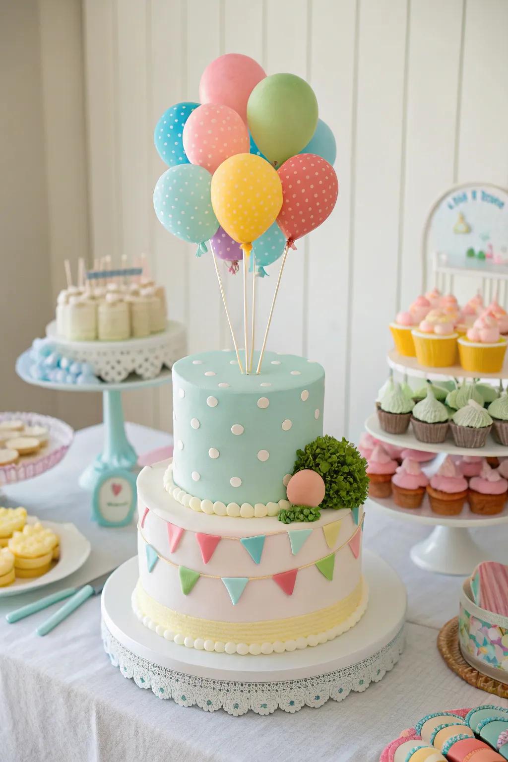 A festive cake with balloons, perfect for a baby boy gathering.