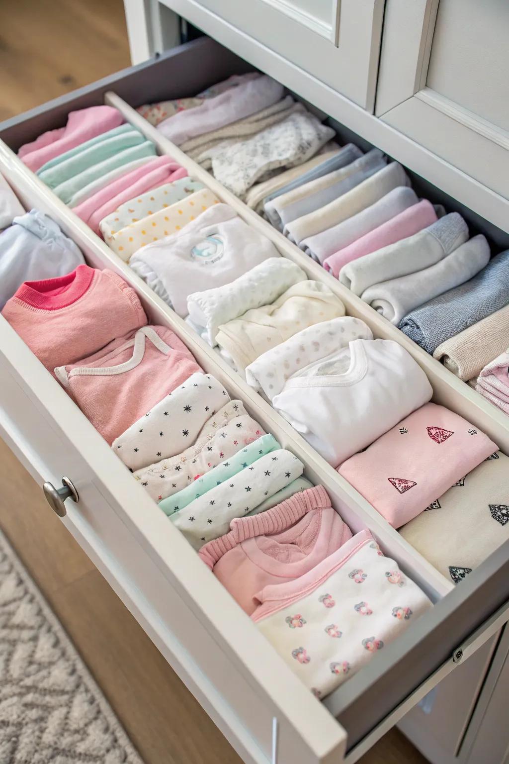 Efficient folding techniques give you enhanced drawer storage for baby clothes.