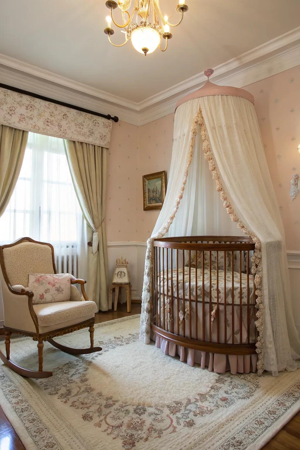 A drape over the sleep-space adds refinement and defines the baby area as a cozy nook.