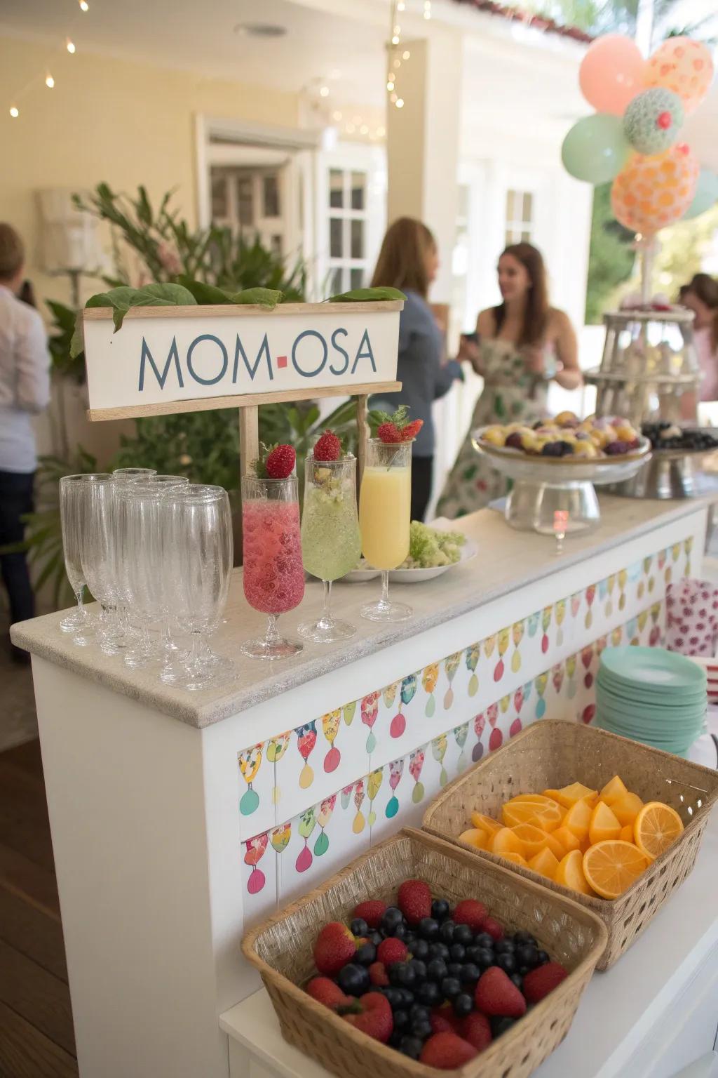 A whimsical beverage bar with a 'Mom-osa' bar offers refreshing options for guests.