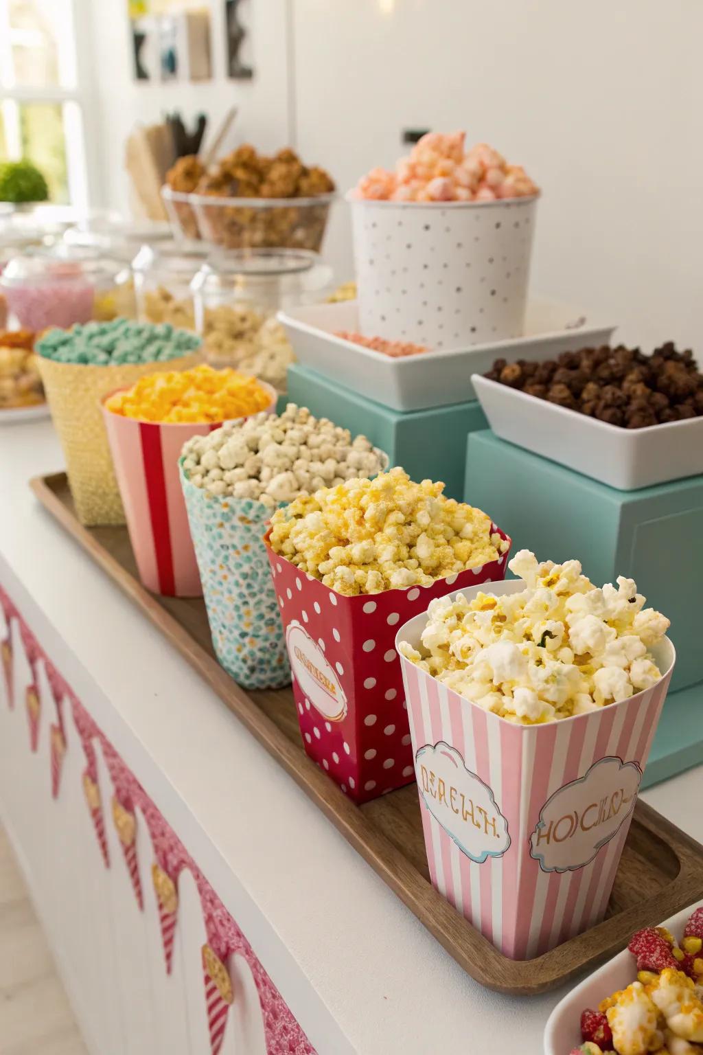 A popcorn bar featuring a range of sweet and savory flavors.